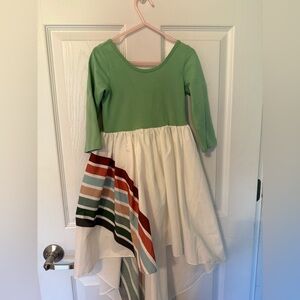 Oopsie Daisy Green and White Kids Hi-Low Dress with Striped Accent